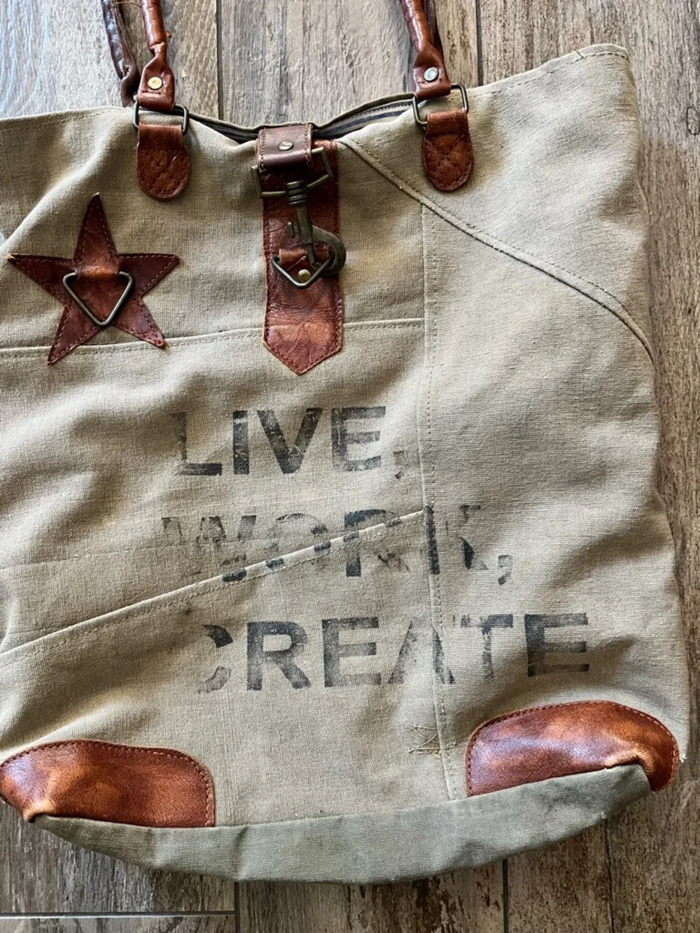 Mona B upcycled “live work create” canvas & vegan leather tote - Picture 6 of 7